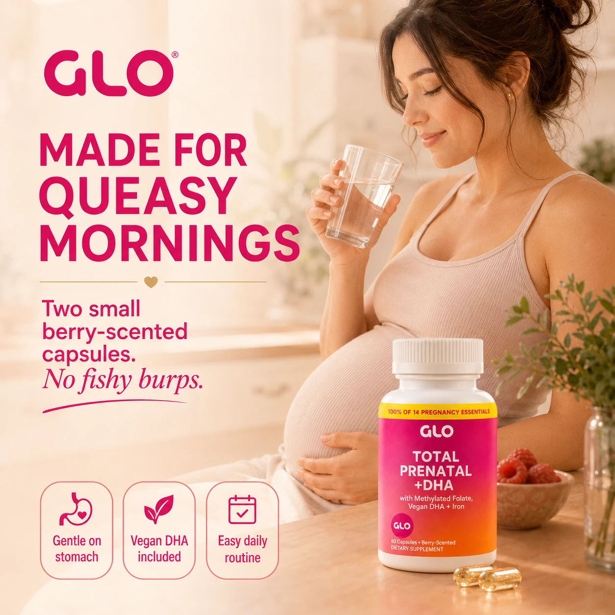 Made for queasy mornings — two small berry-scented capsules with gentle chelated iron