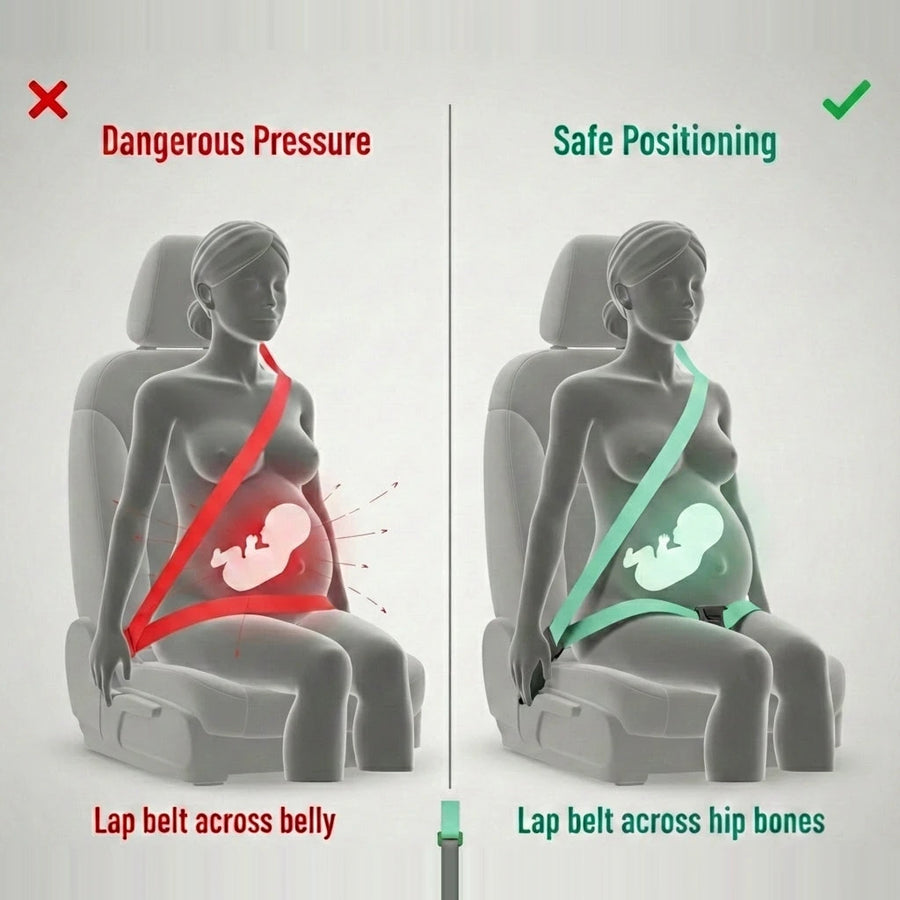 Diagram: dangerous lap-belt position across the belly versus the safe Mama Bub position low across the hip bones during pregnancy