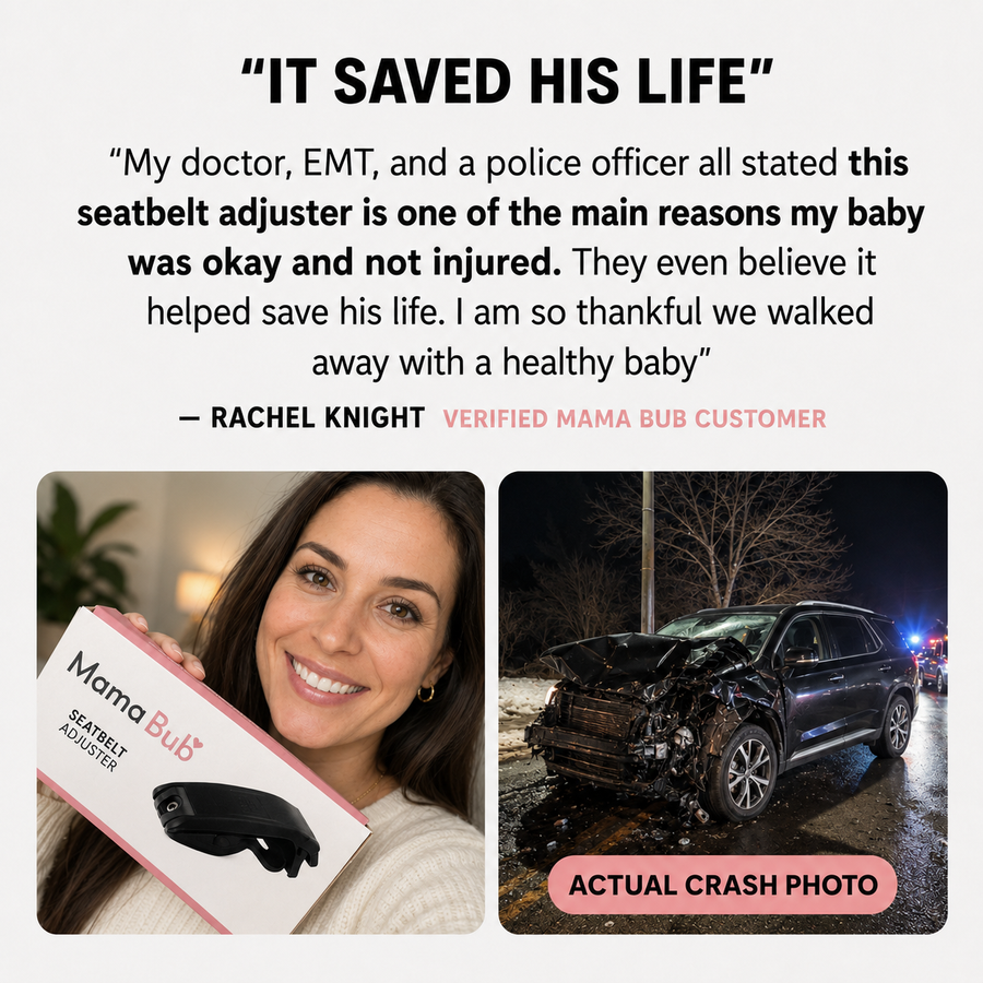 Real customer testimonial — Mama Bub seatbelt adjuster helped keep baby safe in a car crash