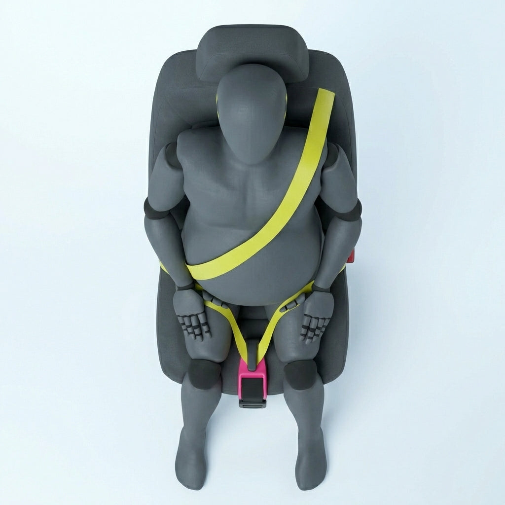 Top-down view of crash test dummy with correct belt position