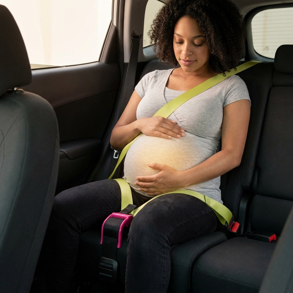 Pregnant mom wearing Mama Bub comfortably in her car