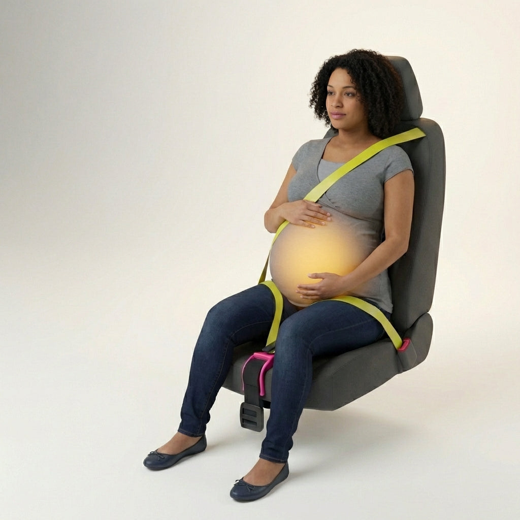 Pregnant woman demonstrating Mama Bub seatbelt adjuster