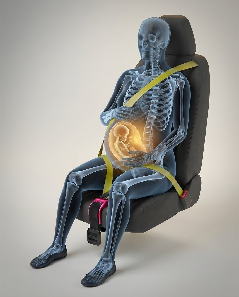 X-ray view showing Mama Bub protecting baby by routing seatbelt below the bump