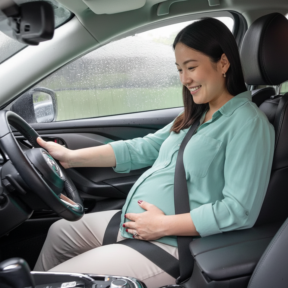 Pregnant mom driving calmly with her seat belt correctly positioned