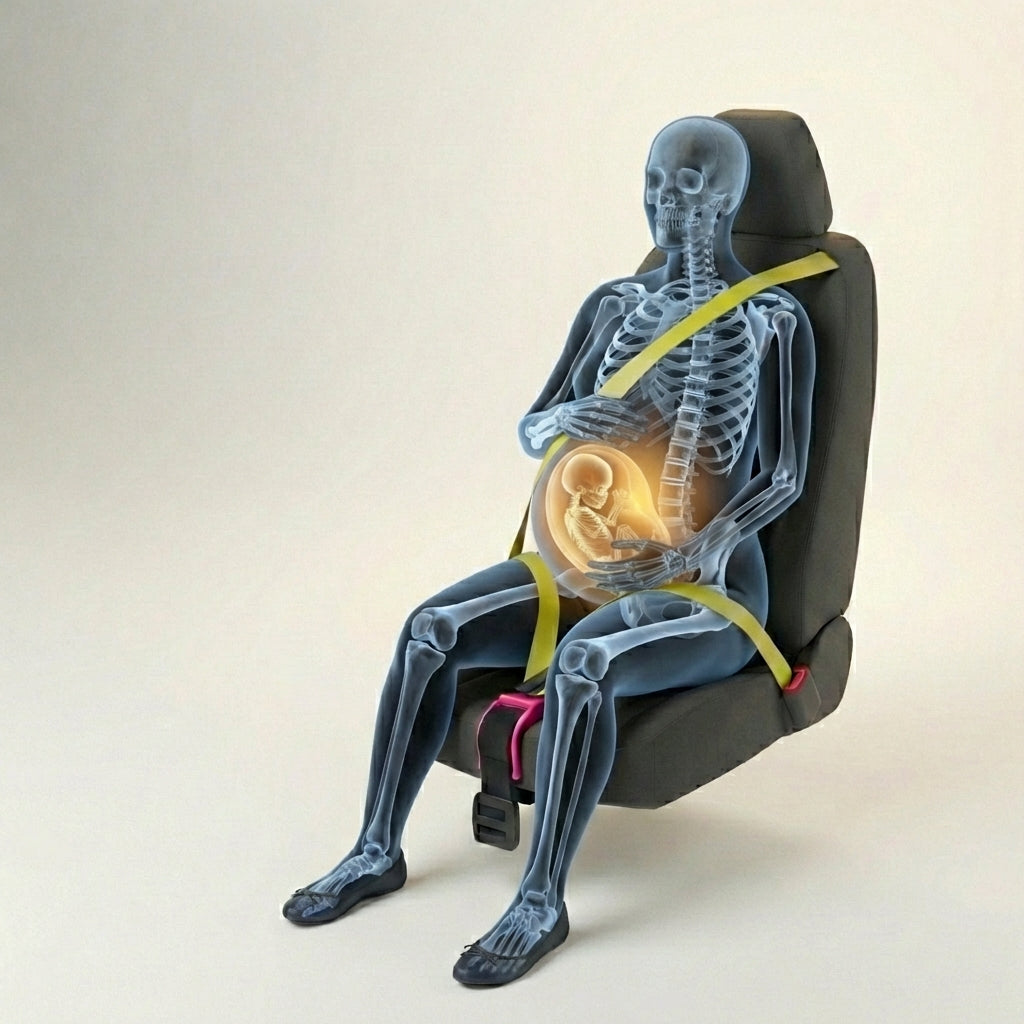X-ray-style view showing the belt anchored low across the pelvis, away from the baby