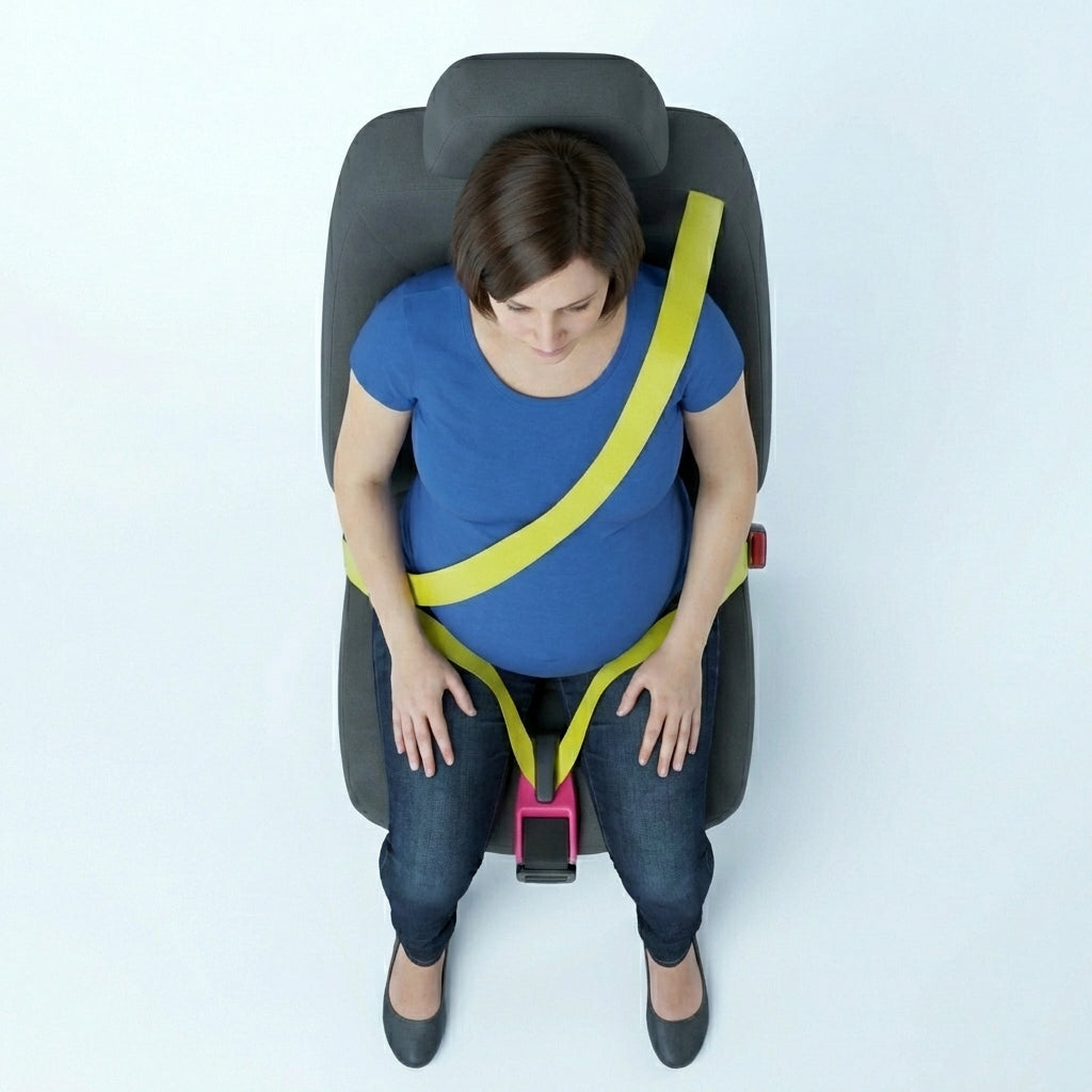 Top-down view of the lap belt routed low across the hips instead of the abdomen
