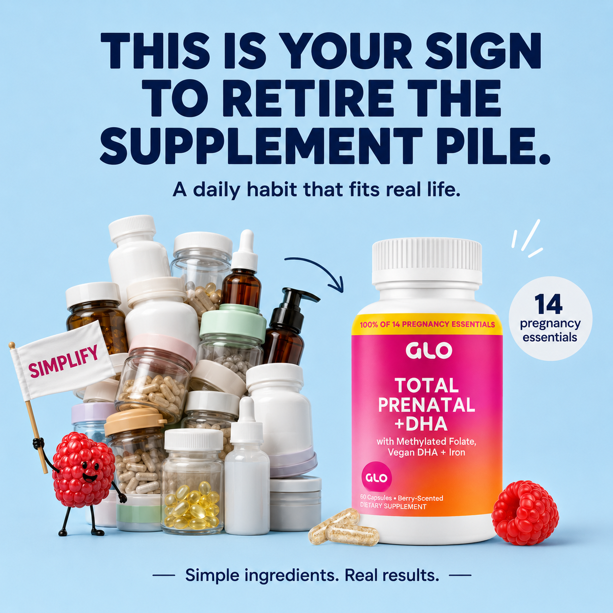 Retire the supplement pile — GLO Total Prenatal + DHA replaces the pile of separate bottles