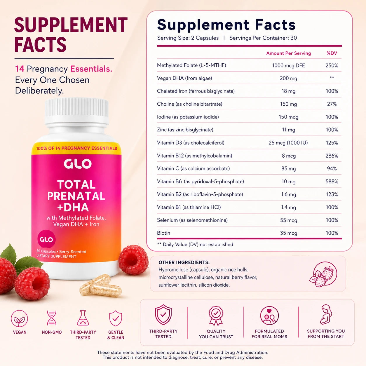 GLO supplement facts panel showing Vegan DHA 200 mg — the milligrams right on the label