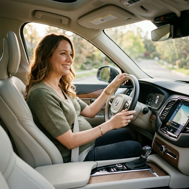 Premium lifestyle photograph of a pregnant mother sitting comfortably in the driver's seat